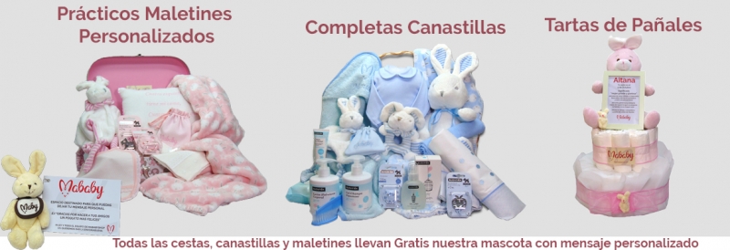 Surtido en canastillas de bebe, maletines de regalo para recien nacidos y tartas con pañales. 