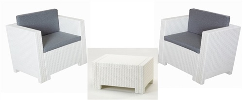 Conjunto ODA, 1+1 + mesa baja poliratn blanco, cojines incluidos.