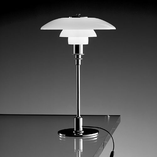 Lámpara de mesa POEM-MBL, cromada, tulipa blanca.