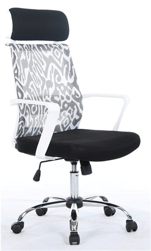 Sillón Mod. NADINE-BLDENE, blanco, gas, basculante, malla decorada y tejido negro.