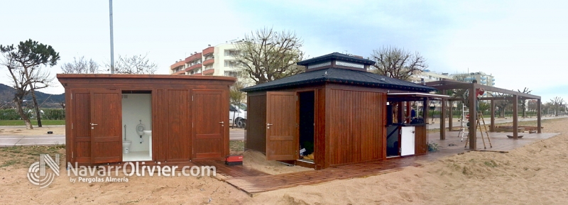 módulos de chiringuito de 20 m2, aseo doble y terraza con pergola 