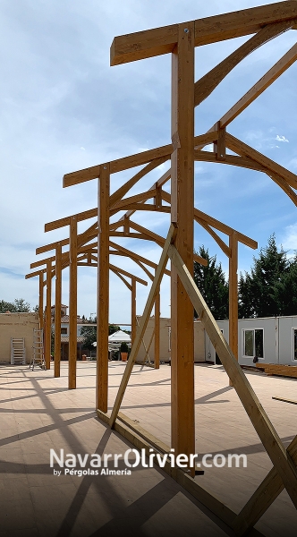 Montaje de estructura de madera para saln de celebraciones en Navas del Moral