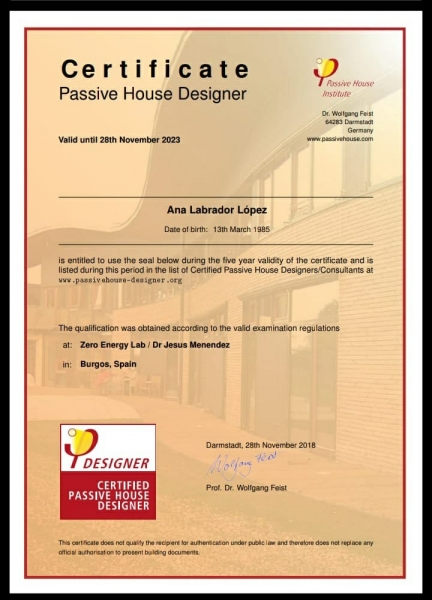 Certificado de Diseadora Passive House Ana Labrador