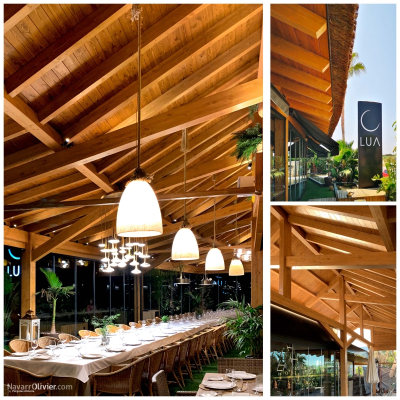 Cubierta de madera laminada para Restaurante LUA, Puerto Rey, Almería