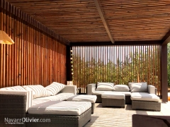 Pergola de luz filtratrada con muro de privacidad en lemparrilado de madera autoclave