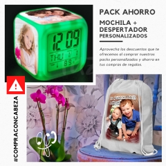 Pack ahorro | mochila + despertador luces led personalizado | regalo original y economico