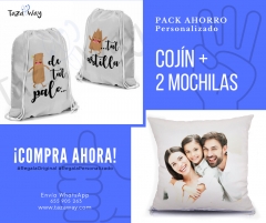 Pack ahorro | 2 mochilas + cojin personalizado | regalo original, funcional  y funcional