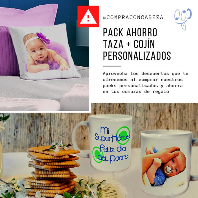 Pack ahorro | Cojn + Taza personalizada | Regalo original, funcional y econmico