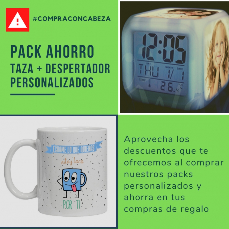 Pack ahorro | Taza + despertador personalizado | Regalo original, funcional y económico