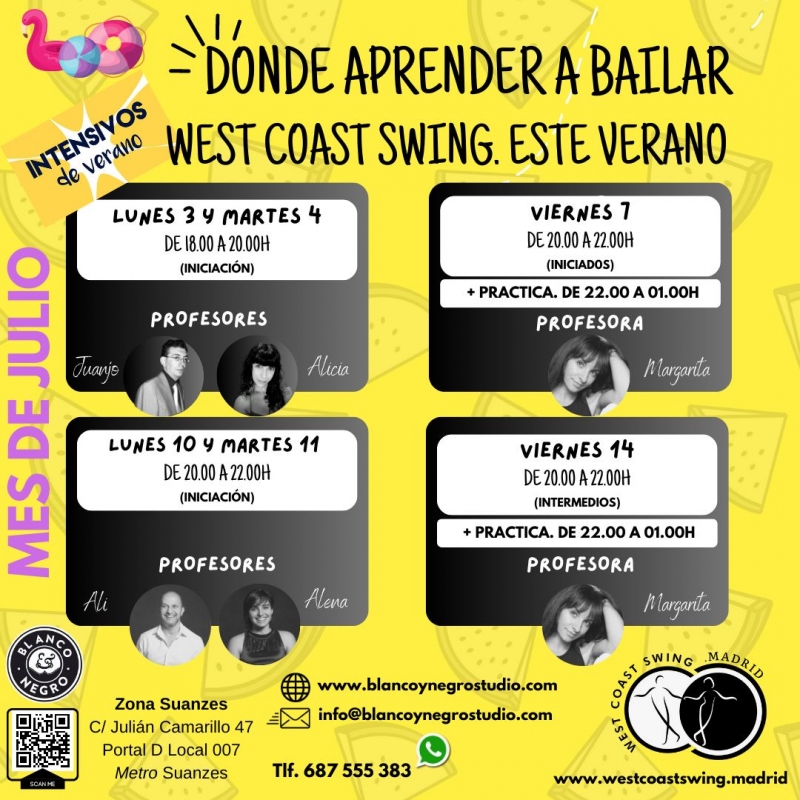 Incripcin Intensivos de Verano. West Coast Swing en Madrid. Blanco y Negro Studio. VeraSwing 2023.