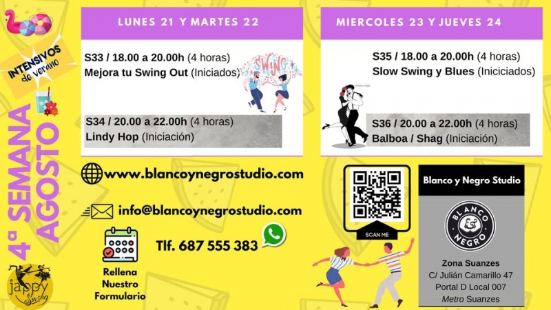 4ª Semana Intensivo de Agosto Verano 2023. Swing, Lindy Hop y Rock & Roll en Blanco y Negro Studio.