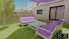 Infografía 3D de exterior; zona barbacoa vivienda. J Capmany de Profesional 3D