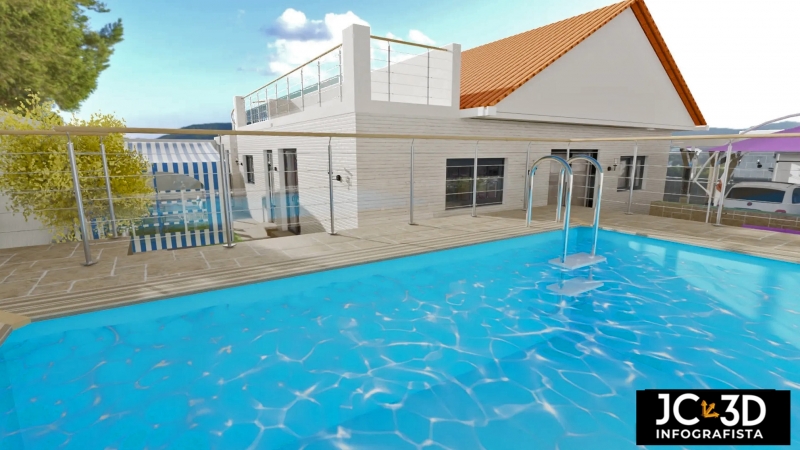 Infografía 3D de exterior; zona piscina vivienda unifamiliar. J Capmany de Profesional 3D