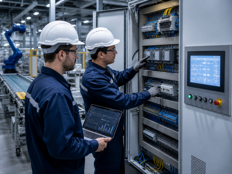 Técnicos especializados realizando revisión y asistencia en planta sobre equipos eléctricos industri