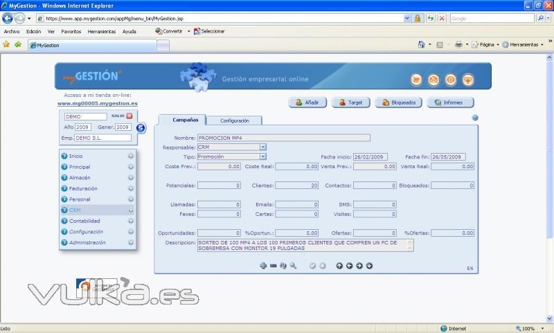 myGestion en PC. Ficha de Campañas de Marketing