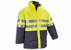 Parka triple alta visibilidad desmontable en chaleco, cazadora y traje de agua