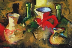 Jarrones y botellas (mundo onrico) acr.leo sobre lienzo. 55x38 cm. ao 2003