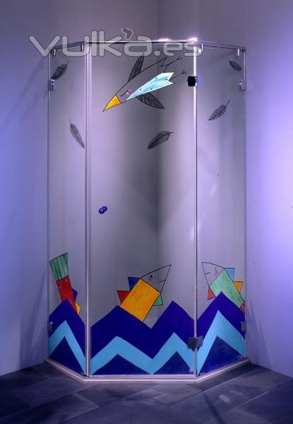 Cabina de ducha de cristal, Motivo: Océano, pintado a mano.