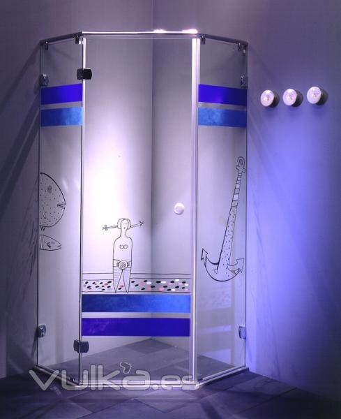 Cabina de ducha de cristal, Motivo: Playa, pintado a mano.