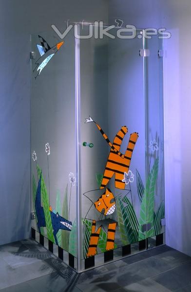 Cabina de ducha de cristal, Motivo: Selva, pintado a mano.