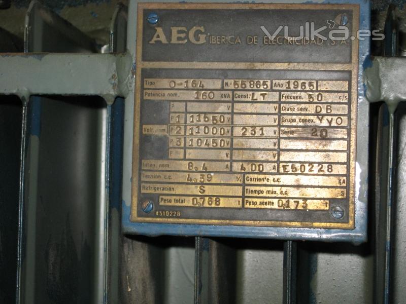 PLACA DE CARACTERISTICAS DE TRANSFORMADOR AEG DE 160 KVA.