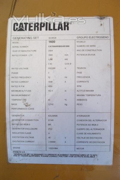 PLACA DE CARACTERISTICAS DE GRUPO ELECTROGENO DE 1600 KVA. CATERPILLAR.