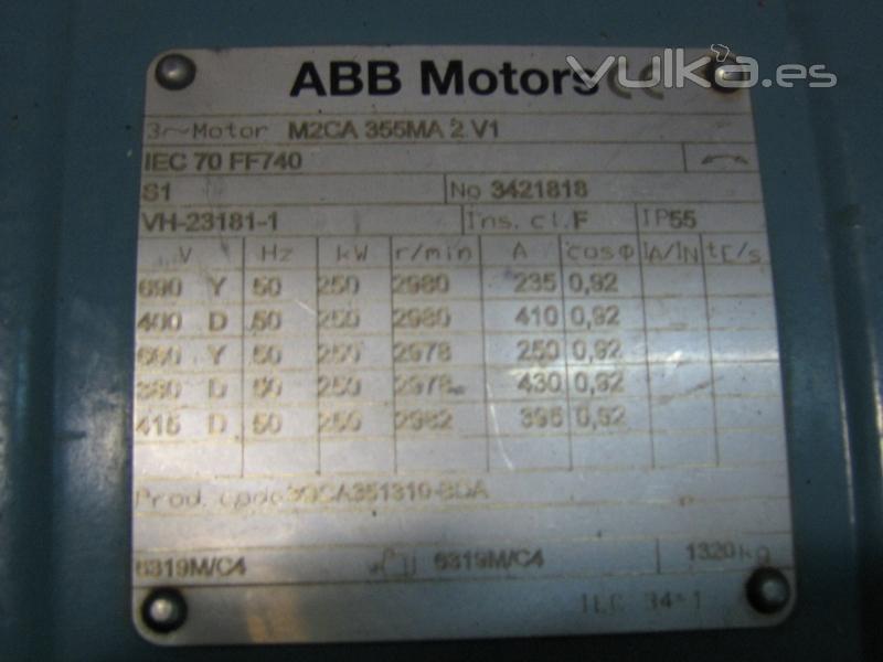 PLACA DE CARACTERISTICAS MOTOR ABB DE 250 KW.