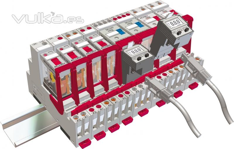 Vista 3D de un conjunto de bases y rels electromecnicos montados sobre ral DIN