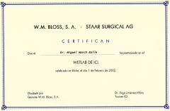 Certificado de participacion en el wetlab de lentes icl elche 2002