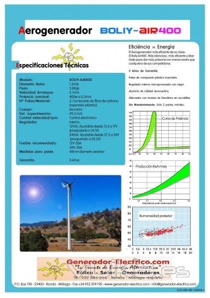 Aerogenerador Boliy 400, Importador para España de este compacto Aerogenerador con altas prestaciones