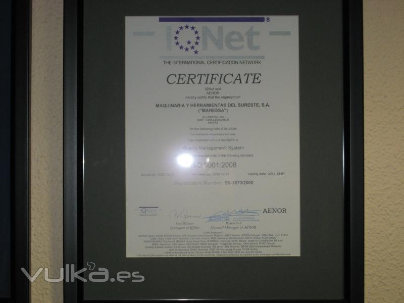 CERTIFICADO ISO 9001 DE MAHESSA DE MURCIA.