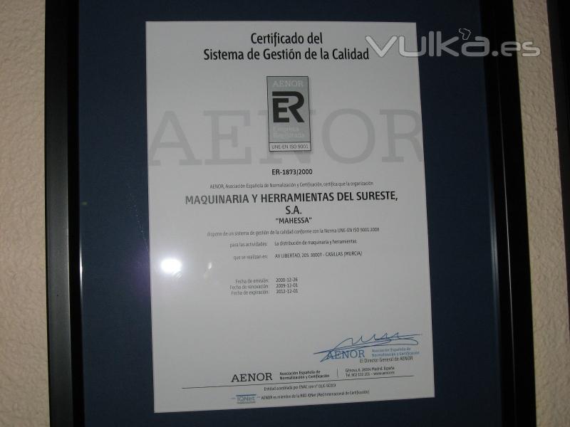 CERTIFICADO AENOR DE MAHESSA DE MURCIA.