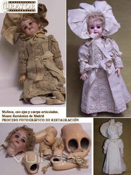 Restauración de muñeca articulada con cabeza de porcelana. Restauración de gomas y vestimenta. (Museo ...