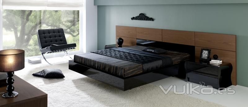 colección styl acabado nogal y negro brillo detalle mesilla curvo