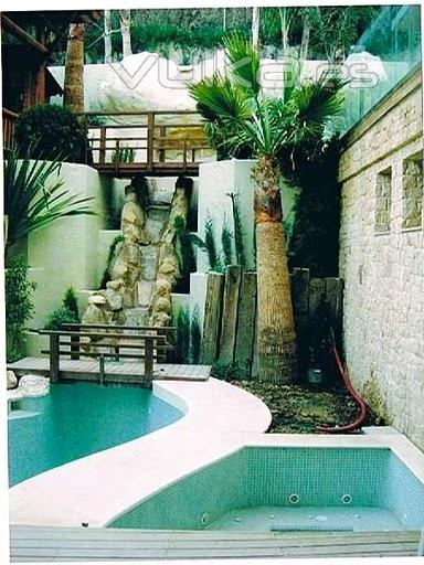 conjunto palmera/cascada/piscina