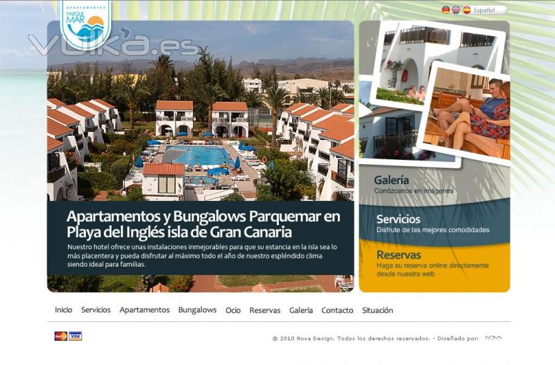 Web de Bungalows y Apartamentos Parquemar (www.bungalowsparquemar.com)