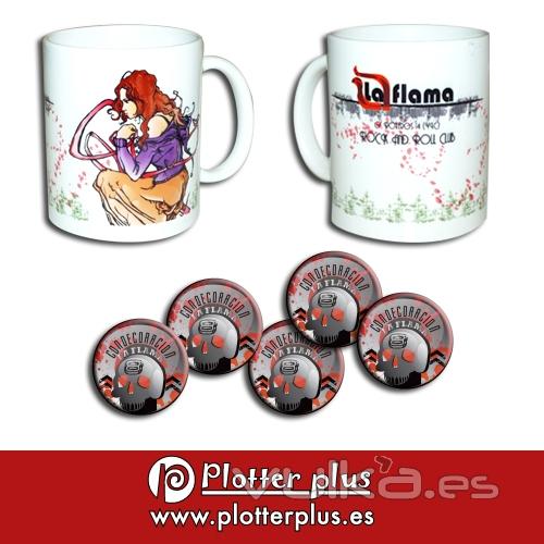 Tazas y chapas impresas para Pub La Flama, diseado por Ovniart