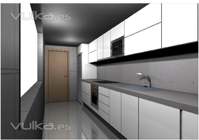 Joaquín - Kansas City  Cocina postformada en blanco brillo 4 cantos pvc aluminio, con casco hidrofugo gris a juego, ...