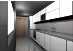 Joaquin - kansas city  cocina postformada en blanco brillo 4 cantos pvc aluminio, con casco hidrofugo gris a juego,