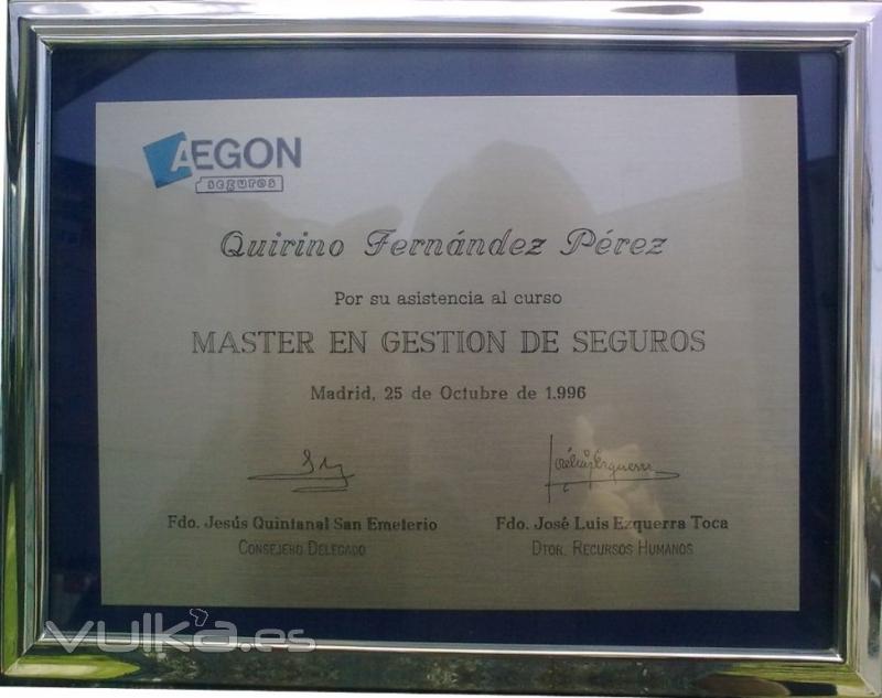 Quirino Fernndez Prez -MASTER EN GESTION DE SEGUROS Placa de plata de AEGON Seguros dada a Quirino Fernndez al ...