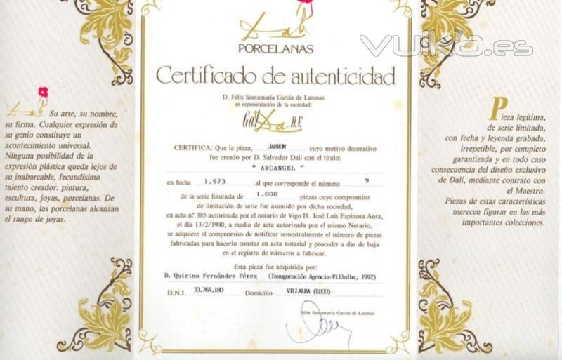 QUIRINO & BROKERS Certificado de autenticidad del jarrn diseado por D Salvador Dali con una edicin limitada a ...