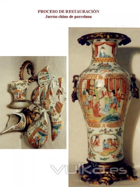 Restauración de porcelana. Restauración de jarrón chino de porcelana. Unión de las roturas y restauración del ...