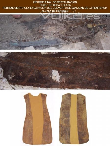 Restauracin de tejido en seda y plata. Fases de la restauracin. Excavacin arqueolgica realizada en Alcal ...