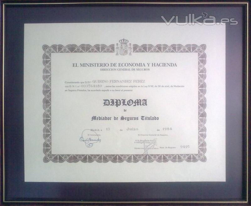 QUIRINO & BROKERS ASOCIADOS .- Diploma de Mediador de Seguros Titulado expedido  por el MINISTERIO DE ECONOMIA Y ...