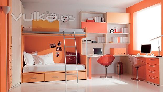 Dormitorio juvenil con litera en colores naranjas