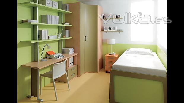 Dormitorio juvenil con armario rincon en colores verdes