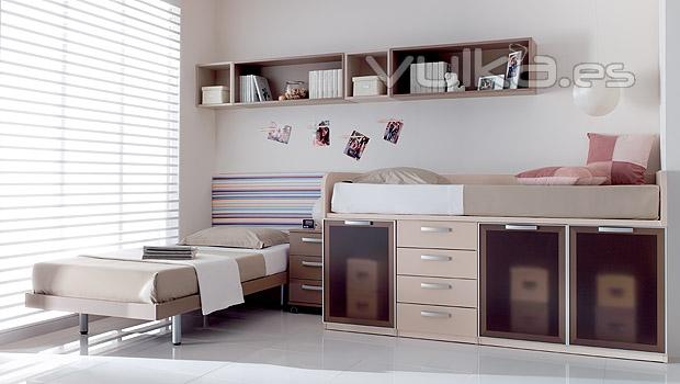 Dormitorio juvenil con cama y compacto en colores tierra