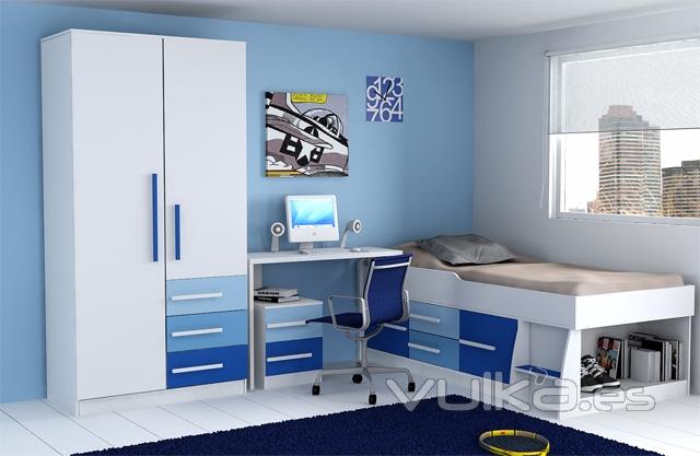 Dormitorio Juvenil Sevilla por solo 495 EUR transporte y montaje incluidos, disponible en azul, naranja y verde.