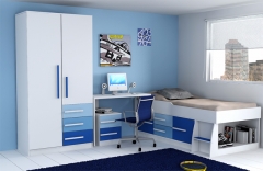 Dormitorio juvenil sevilla por solo 495 eur transporte y montaje incluidos, disponible en azul, naranja y verde.