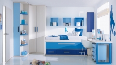 Mobiliario juvenil con armario rincon y terminal zapatero combinado en tonos azules